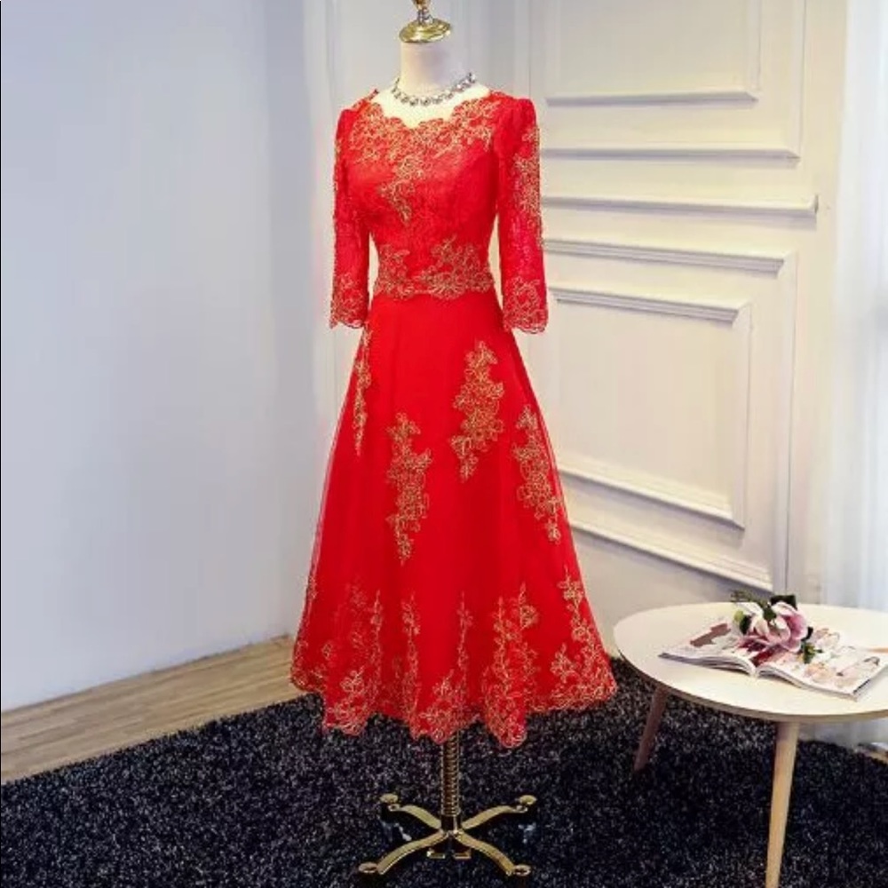 Gorgeous Bright Red Tea Style Prom Wedding Dress